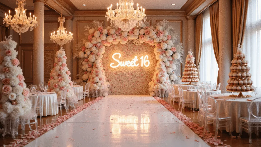 Hyperrealistic image of a luxurious Sweet 16 ballroom celebration featuring a white runway with rose petals, ghost chairs, crystal chandeliers, a floral wall backdrop with a neon "Sweet 16" sign, cupcake towers, and atmospheric haze, all captured in golden hour lighting.