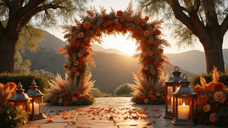 A stunning wedding arch adorned with terracotta-hued flowers and pampas grass at sunset, set in a romantic garden with olive trees and lanterns lining a rose petal-strewn pathway.