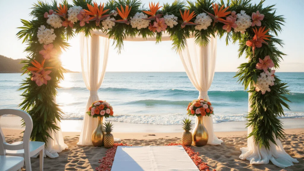Luxurious beachfront wedding ceremony at golden hour featuring a vibrant floral arch with Birds of Paradise, Phalaenopsis orchids, and Mokara orchids, lined with ghost chairs and adorned with coral and blush petals.