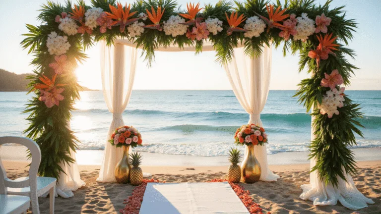 Luxurious beachfront wedding ceremony at golden hour featuring a vibrant floral arch with Birds of Paradise, Phalaenopsis orchids, and Mokara orchids, lined with ghost chairs and adorned with coral and blush petals.
