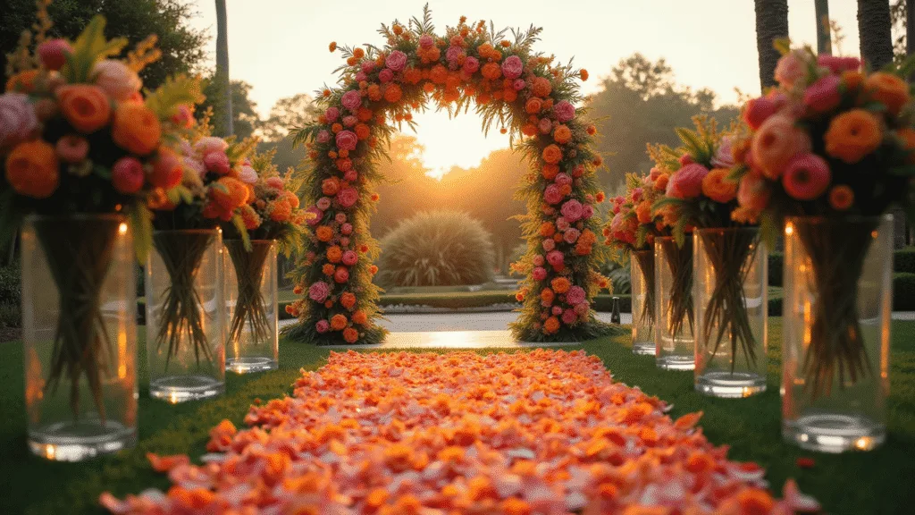 A romantic garden wedding ceremony setup featuring a vibrant floral arch with peonies, ranunculus, and marigolds, illuminated by golden hour light, with crystal vases and ombré petals lining the aisle, captured in rich color saturation and cinematic composition.