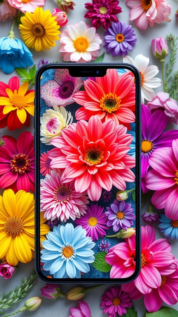 50 Stunning Flower Phone Wallpapers to Brighten Your Screen A smartphone displaying a colorful floral wallpaper, surrounded by various real flowers in bright colors.