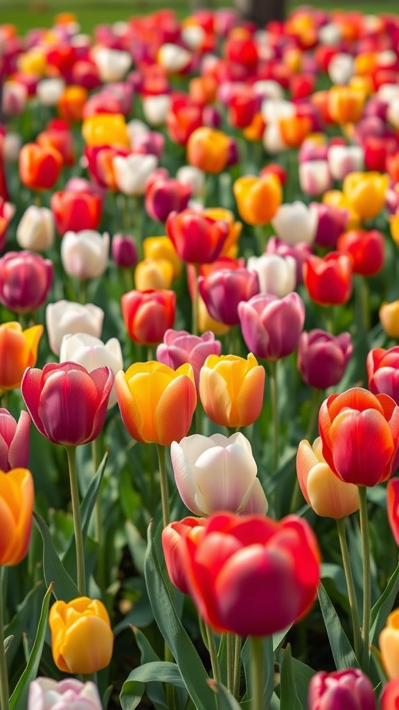50 Stunning Flower Phone Wallpapers to Brighten Your Screen A colorful field of tulips in various shades of red, pink, yellow, and white during spring.