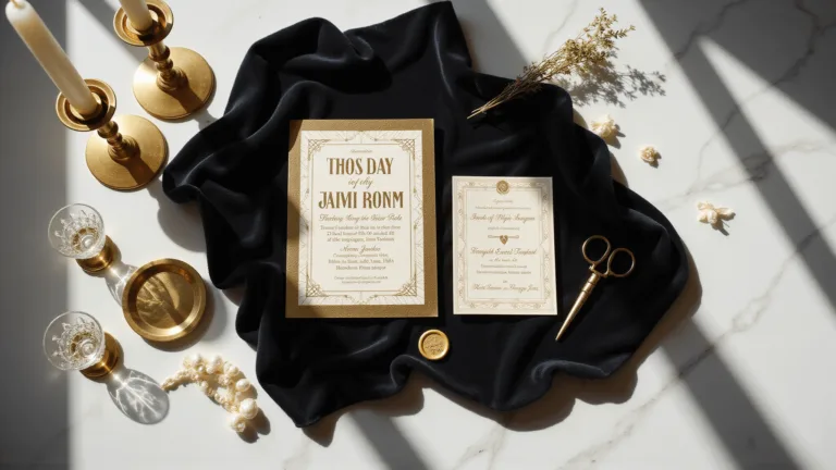 Art Deco wedding invitation flatlay with geometric gold patterns on cream paper, surrounded by vintage brass candlesticks, crystal champagne coupes, pearls, gold scissors, and dried botanicals. Set on black velvet with white marble accents. Dramatic lighting highlights metallic elements and wax seal.