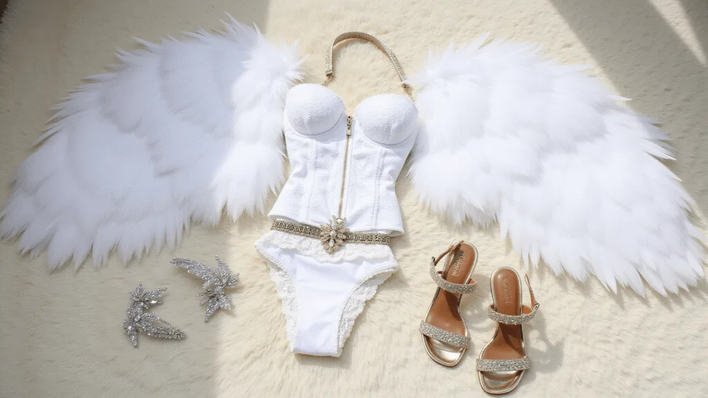 A minimalist flatlay on plush white carpet featuring a complete Victoria's Secret Angel costume, including large white feathered wings, a white lace corset, garter belt, metallic strappy sandals, and crystal accessories, illuminated by natural skylight.