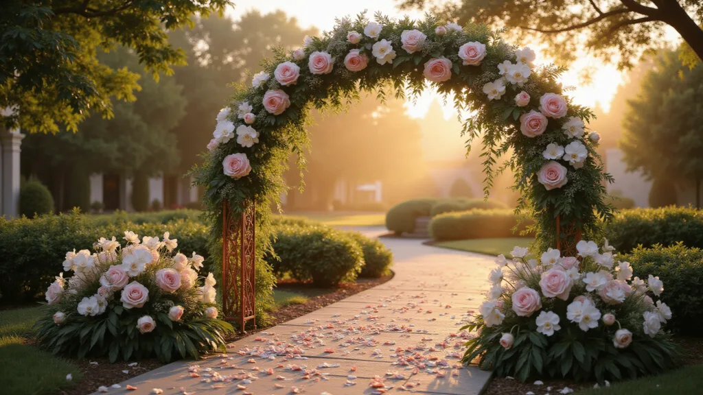 A photorealistic, ultra-detailed image of a 9-foot asymmetrical floral wedding arch during golden hour, featuring a copper frame adorned with blush pink garden roses, white peonies, cascading phalaenopsis orchids, and Italian ruscus greenery. Delicate fairy lights are interwoven, with morning dew drops glistening on the petals. The arch sits at the end of a stone pathway lined with scattered rose petals, bathed in dreamy golden sunlight that filters through the flowers, creating a bokeh effect. The image captures hyperrealistic detail of the flower textures and metallic copper patina against an atmospheric haze.