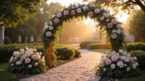 Wedding Arch Flowers: Your Ultimate Guide to Creating a Stunning Ceremony Backdrop A photorealistic, ultra-detailed image of a 9-foot asymmetrical floral wedding arch during golden hour, featuring a copper frame adorned with blush pink garden roses, white peonies, cascading phalaenopsis orchids, and Italian ruscus greenery. Delicate fairy lights are interwoven, with morning dew drops glistening on the petals. The arch sits at the end of a stone pathway lined with scattered rose petals, bathed in dreamy golden sunlight that filters through the flowers, creating a bokeh effect. The image captures hyperrealistic detail of the flower textures and metallic copper patina against an atmospheric haze.