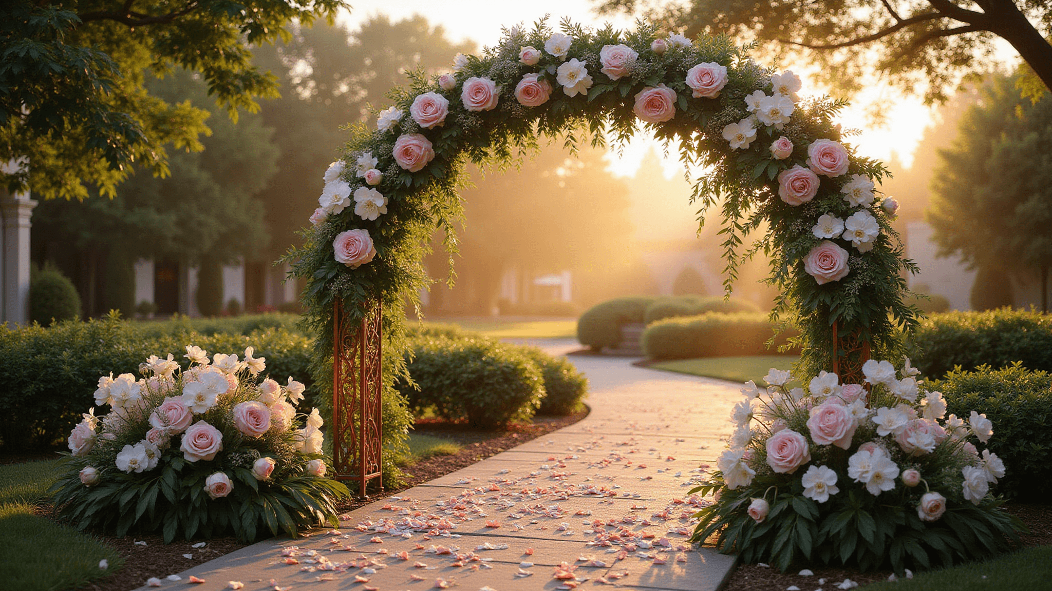 A photorealistic, ultra-detailed image of a 9-foot asymmetrical floral wedding arch during golden hour, featuring a copper frame adorned with blush pink garden roses, white peonies, cascading phalaenopsis orchids, and Italian ruscus greenery. Delicate fairy lights are interwoven, with morning dew drops glistening on the petals. The arch sits at the end of a stone pathway lined with scattered rose petals, bathed in dreamy golden sunlight that filters through the flowers, creating a bokeh effect. The image captures hyperrealistic detail of the flower textures and metallic copper patina against an atmospheric haze.