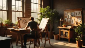 A sunlit artist's studio during golden hour with a wooden drafting table by large windows, where an illustrator works on a wedding caricature amid traditional and digital art supplies, warm light and shadows across a concrete floor, vintage lamps, potted plants, inspiration boards with photos and sketches, and a cork board with caricature samples.