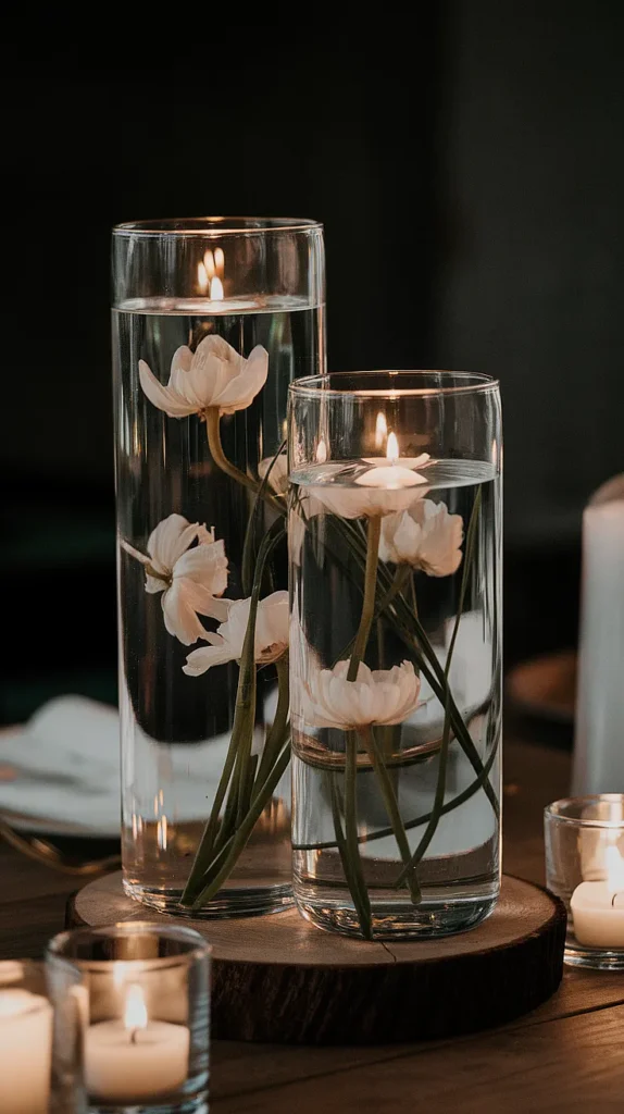 Cylinder Vases with Floating Flowers and Candles