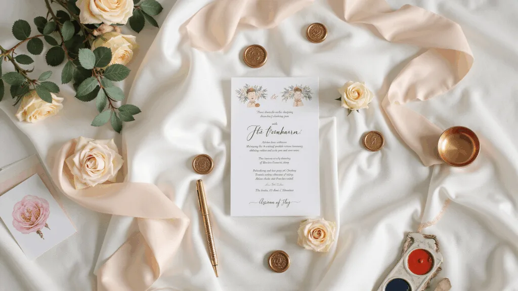 A whimsical cartoon wedding invitation suite on ivory silk fabric, surrounded by antique brass pens, blush ribbons, vintage stamps, copper wax seals, watercolor brushes, fresh garden roses, and eucalyptus sprigs, in soft pastel colors with gold foil accents, shot in natural morning light.