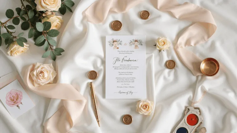 A whimsical cartoon wedding invitation suite on ivory silk fabric, surrounded by antique brass pens, blush ribbons, vintage stamps, copper wax seals, watercolor brushes, fresh garden roses, and eucalyptus sprigs, in soft pastel colors with gold foil accents, shot in natural morning light.