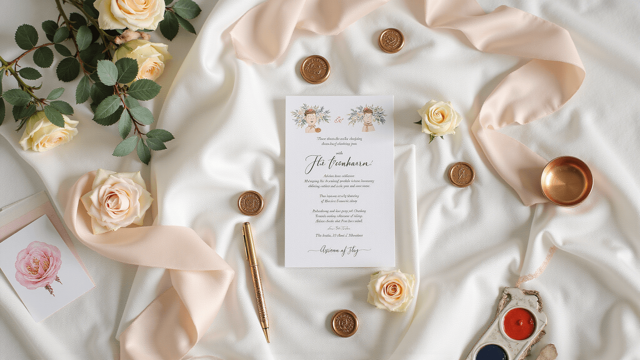 A whimsical cartoon wedding invitation suite on ivory silk fabric, surrounded by antique brass pens, blush ribbons, vintage stamps, copper wax seals, watercolor brushes, fresh garden roses, and eucalyptus sprigs, in soft pastel colors with gold foil accents, shot in natural morning light.