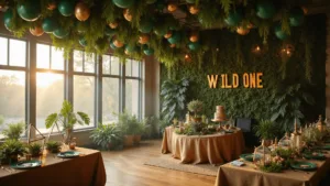 A luxurious ballroom transformed into a jungle-themed birthday party with dramatic green and gold balloon garlands, a safari-themed cake, brass terrariums, explorer artifacts, and warm ambient lighting, creating an enchanting atmosphere.