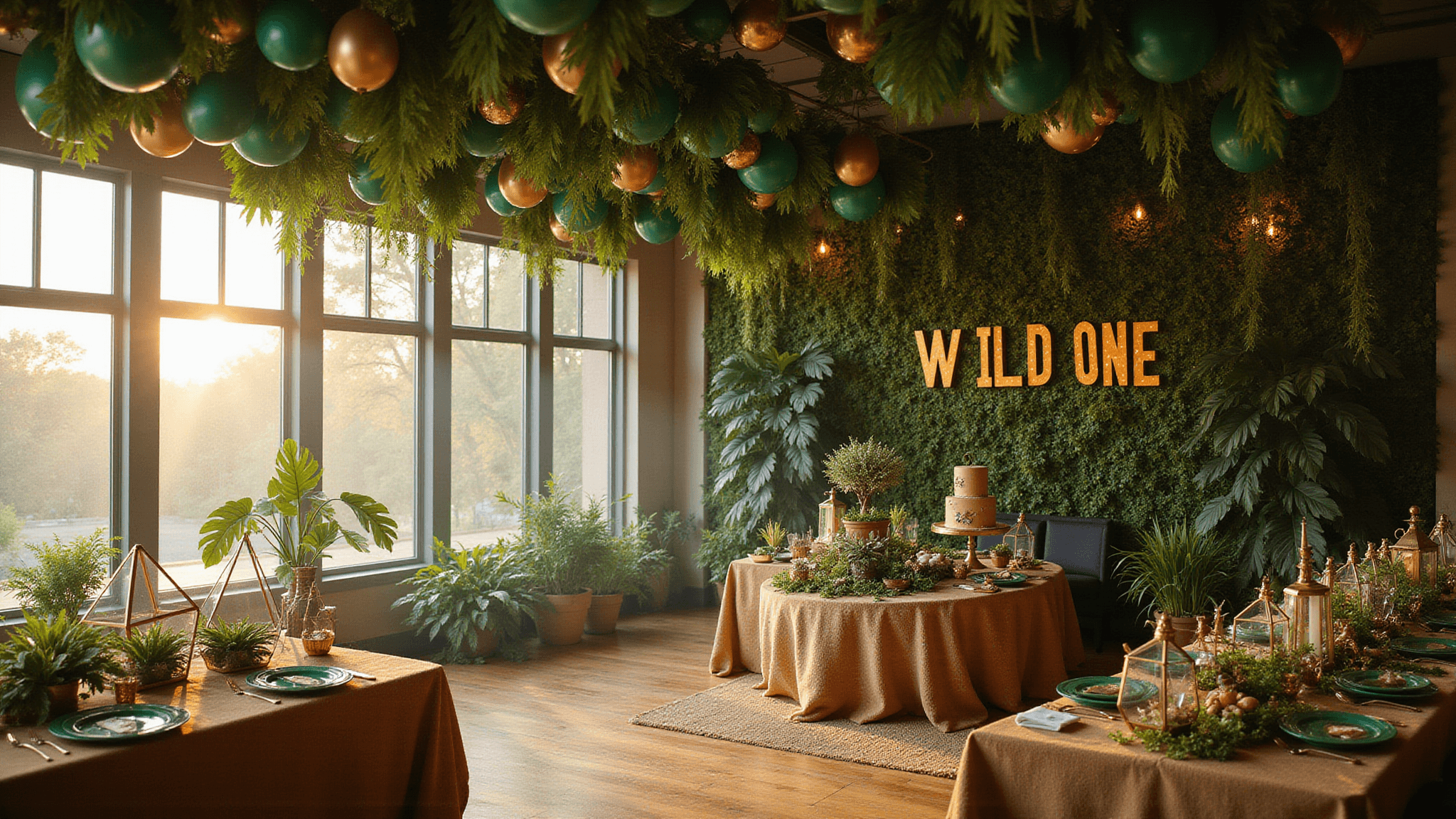 A luxurious ballroom transformed into a jungle-themed birthday party with dramatic green and gold balloon garlands, a safari-themed cake, brass terrariums, explorer artifacts, and warm ambient lighting, creating an enchanting atmosphere.