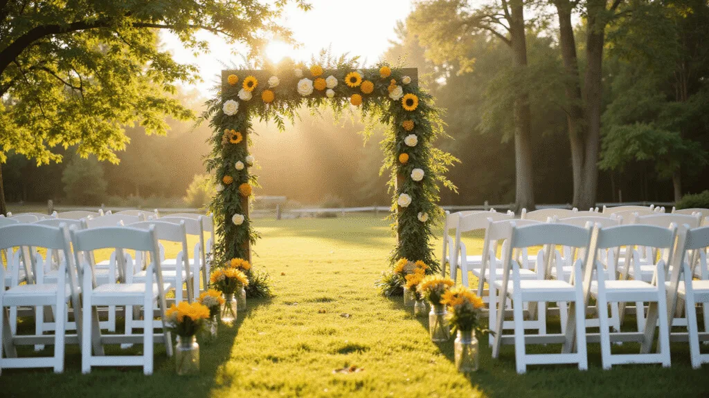 Photorealistic view of a sunlit garden wedding ceremony featuring a wooden arch with yellow roses, sunflowers, and ranunculus, lined with white chairs and mason jars of yellow tulips, all bathed in warm golden hour light.