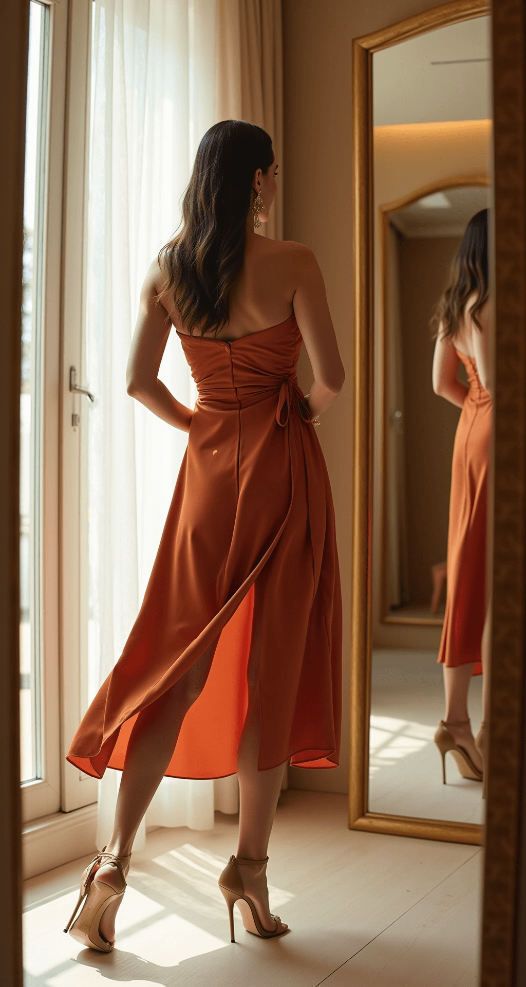 A sophisticated woman in a rust-colored satin wrap dress tries it on in a bright boutique dressing room with floor-to-ceiling mirrors and warm lighting, styled with gold drop earrings and nude strappy heels.