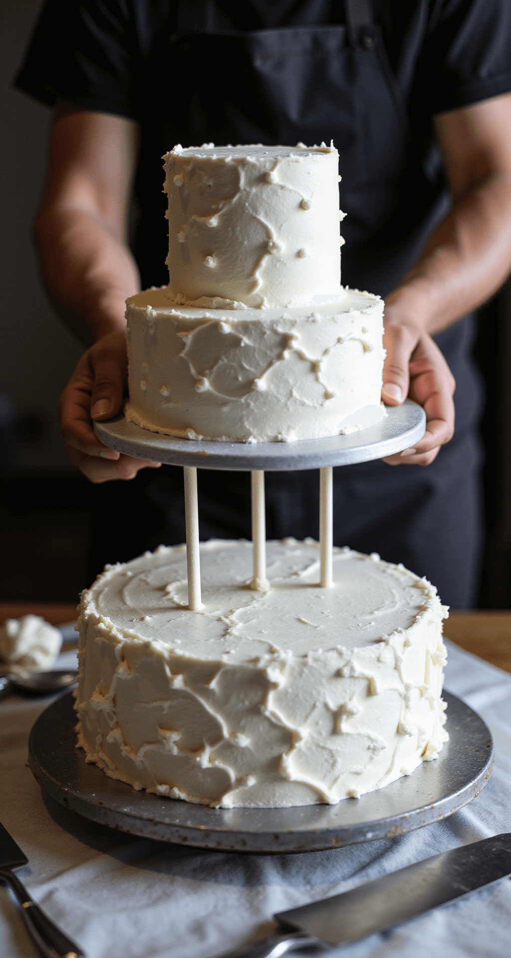 A close-up of a master baker's hands carefully placing a pristine white 6-inch top tier onto dowels of an 8-inch base tier of a wedding cake, showcasing silk-like buttercream frosting under studio lighting with surrounding cake decorating tools.