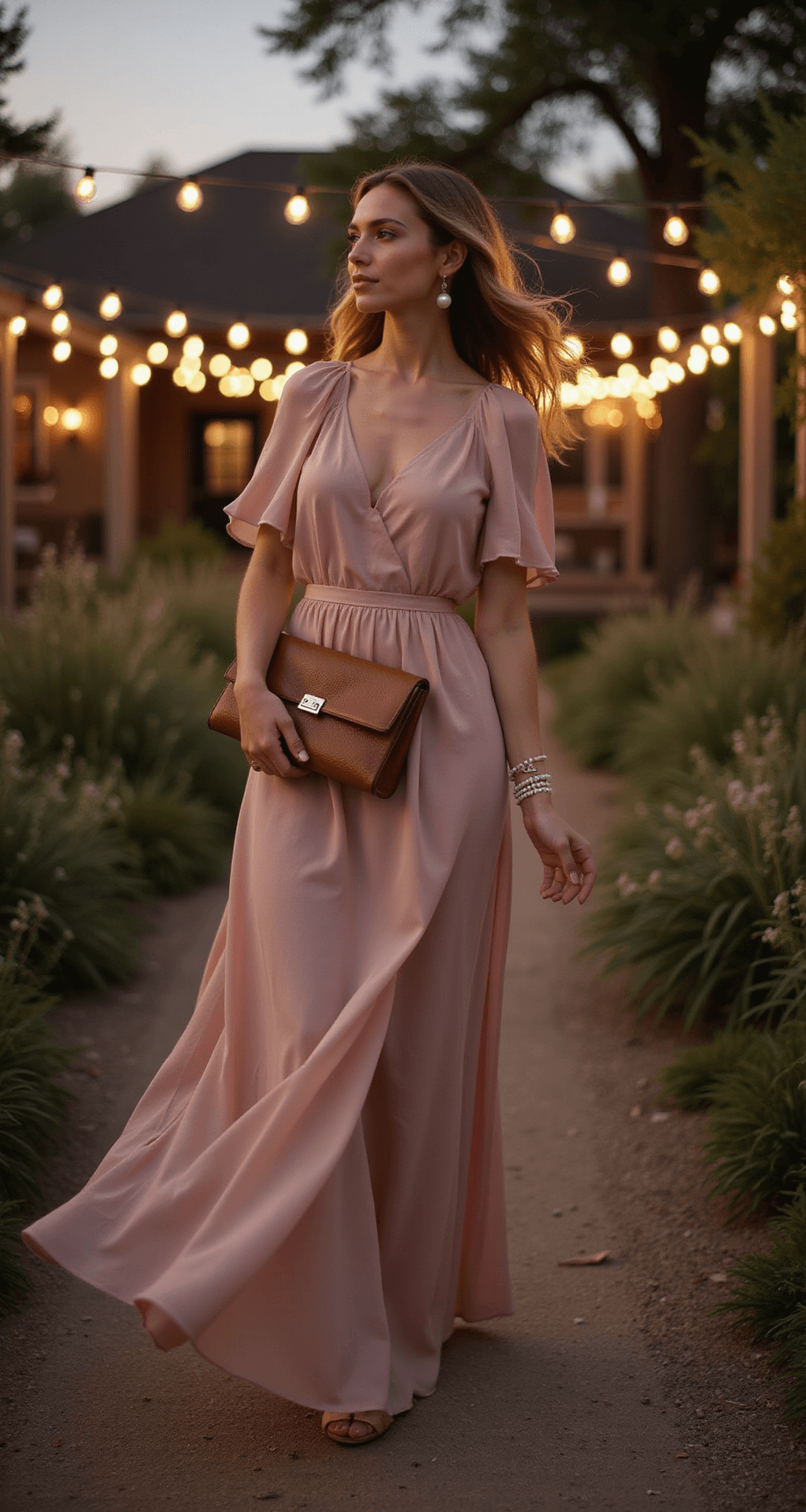 A model in a dusty rose chiffon maxi dress with flutter sleeves stands in a vintage-inspired garden venue at dusk, illuminated by twinkling string lights. She holds a structured bronze clutch and wears minimal pearl accessories, with soft bokeh and warm lighting accentuating the ethereal movement of her dress.
