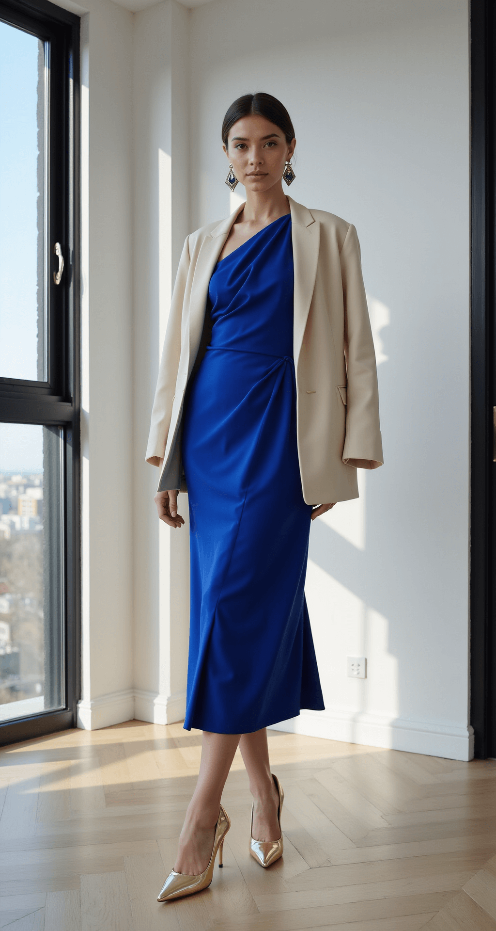 A fashionable woman stands in a modern minimalist apartment with floor-to-ceiling windows, wearing a sapphire blue crepe midi dress with architectural draping, metallic gold stilettos, and geometric earrings, while a cream blazer drapes over her shoulders, illuminated by late afternoon light.