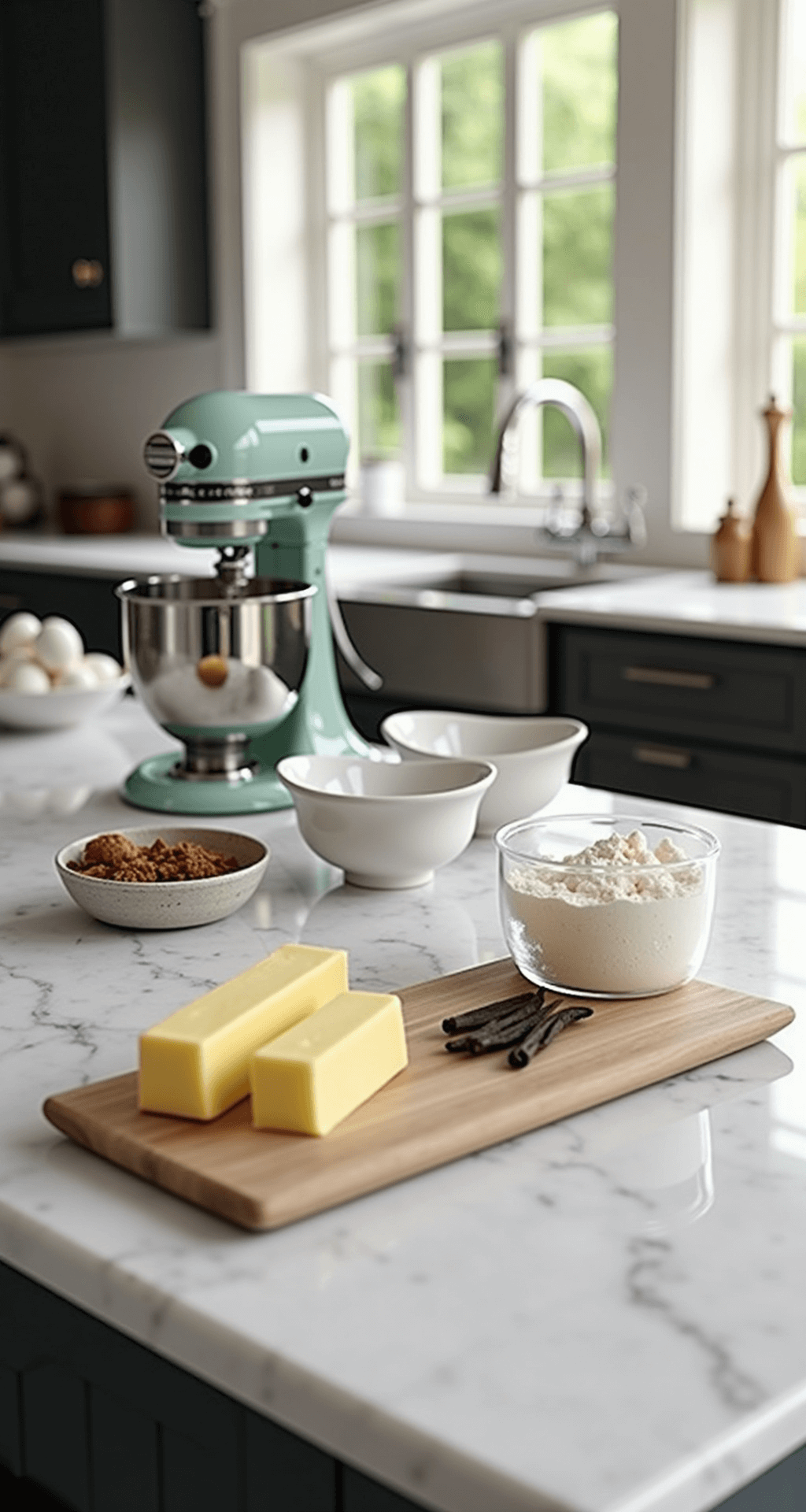 A professional kitchen with natural light illuminating a marble countertop adorned with high-quality baking ingredients like European butter, farm-fresh eggs, sifted flour, and vanilla pods, alongside a stand mixer and organized piping tips.