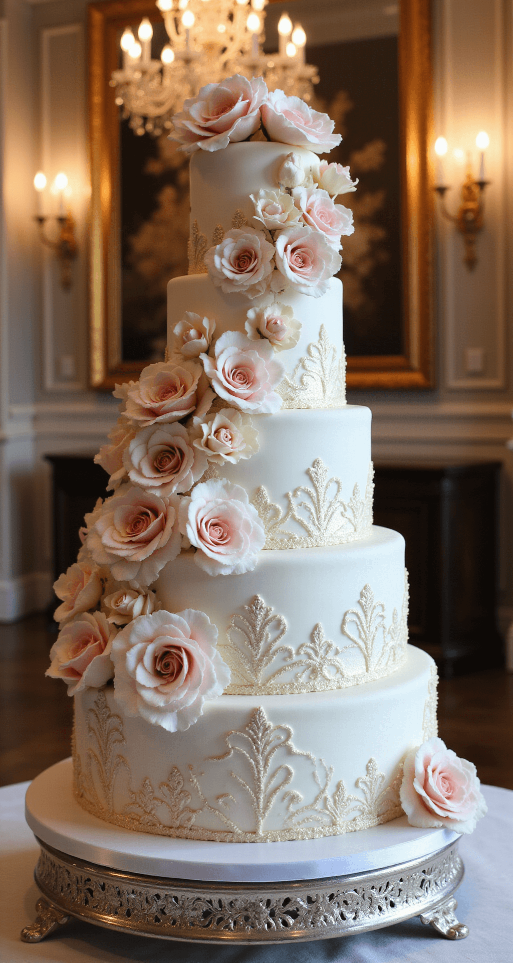 Dramatic multi-tiered wedding cake on a silver stand, adorned with blush sugar flowers, gold leaf accents, and lace-like royal icing patterns, set against a luxurious venue with crystal chandeliers.