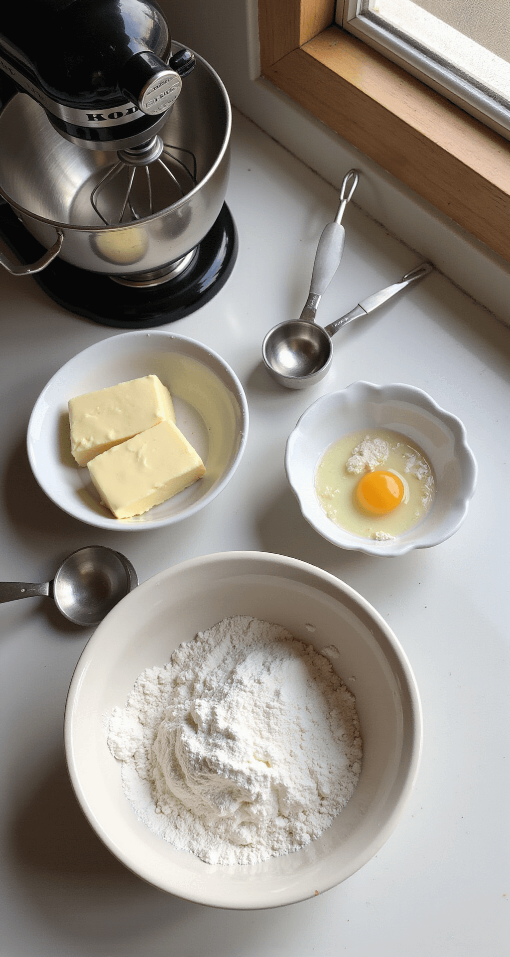 Overhead view of a sunlit kitchen countertop with neatly arranged baking ingredients, including softened butter, farm-fresh eggs, crystalline sugar, and sifted flour, alongside a vintage electric mixer and gleaming measuring cups and spoons.