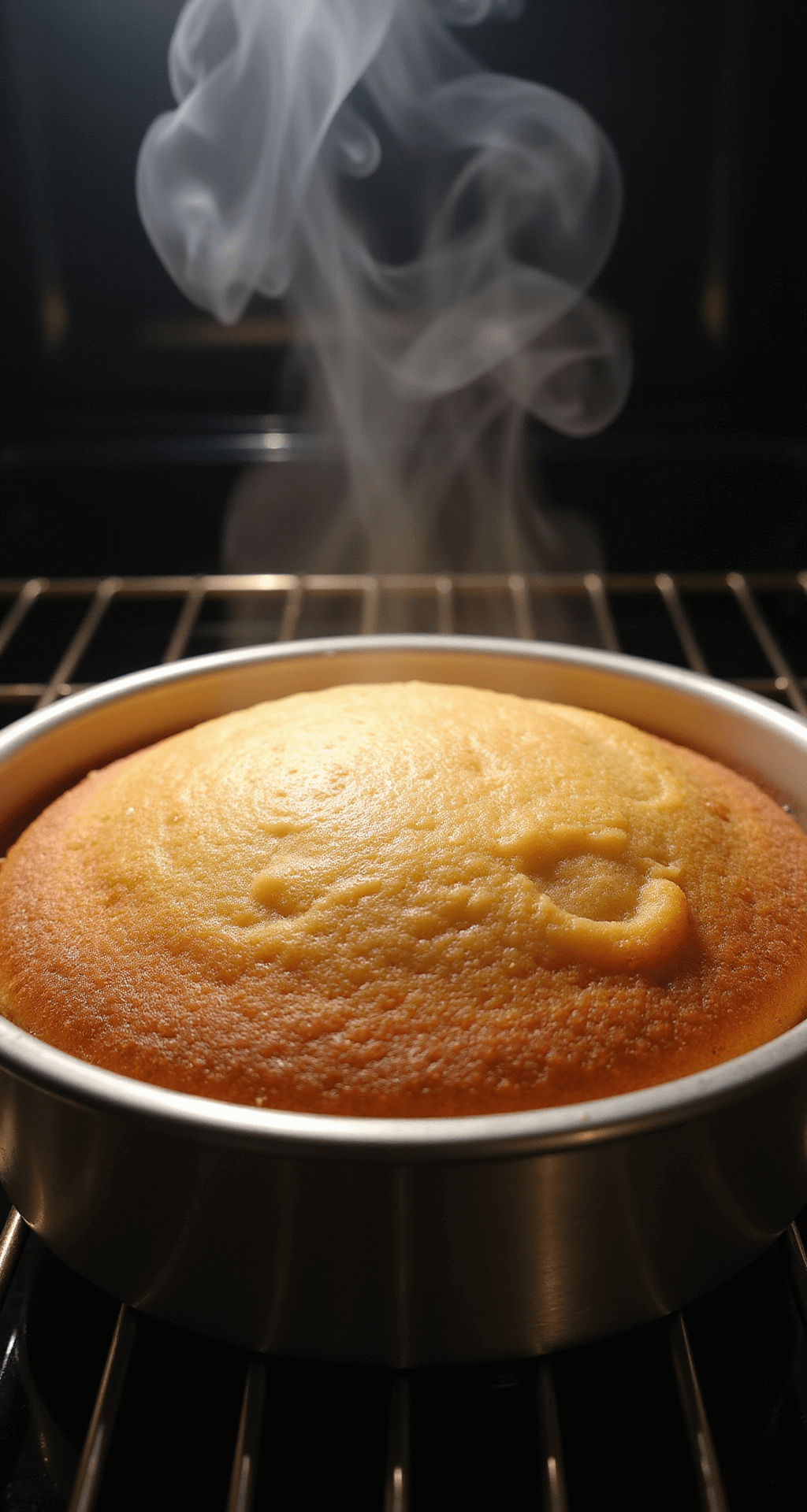 Close-up of a perfectly baked golden birthday cake in a professional oven, featuring a domed shape, caramelized edges, and steam rising in dramatic lighting.