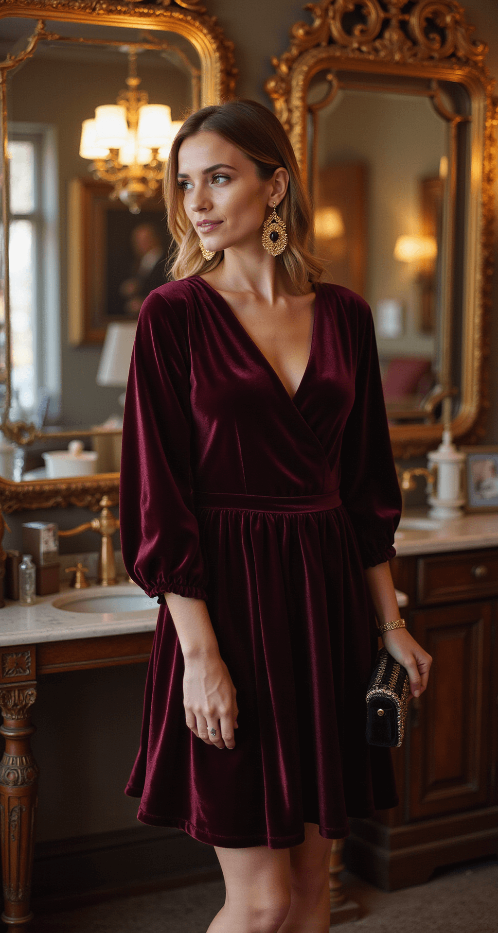 A woman tries on a knee-length deep burgundy velvet cocktail dress in a vintage boutique, adorned with gold statement earrings and holding a black crystal-embellished minaudière, surrounded by ornate mirrors and warm lighting.