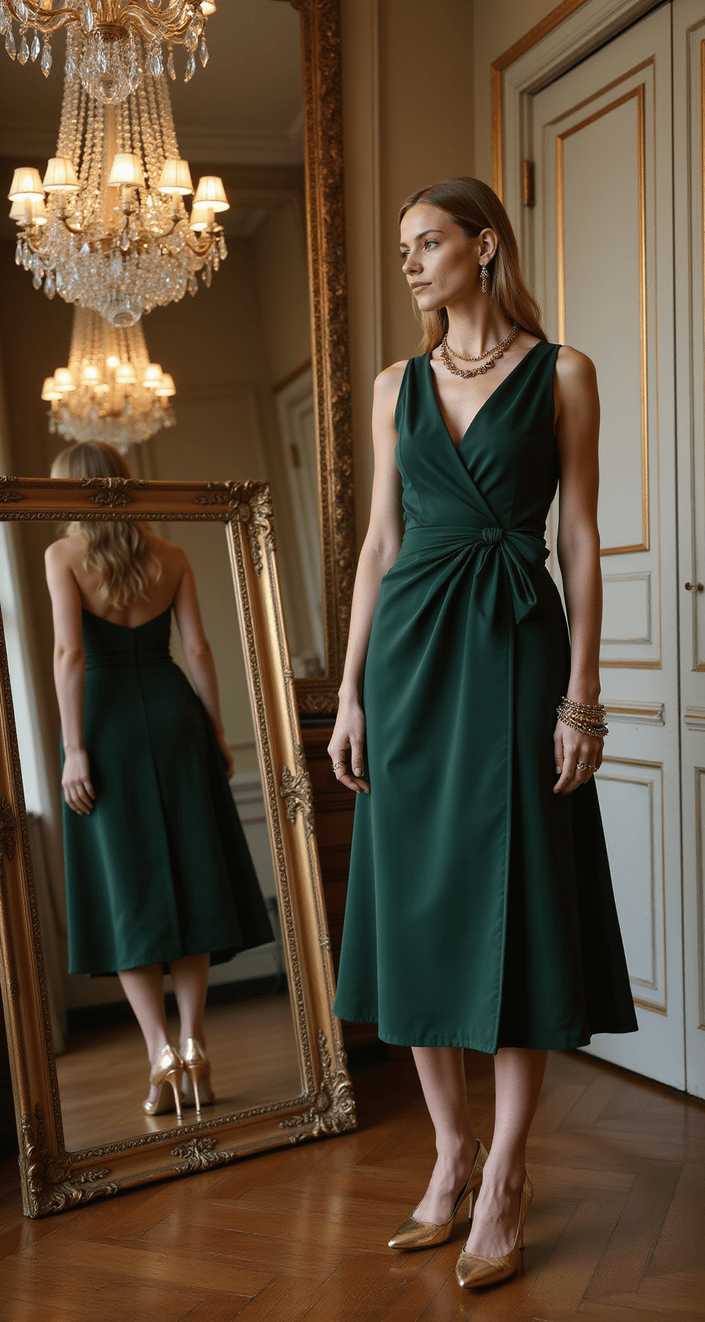 A model in a deep forest green wrap-style cocktail dress stands in a historic ballroom adorned with crystal chandeliers. The late afternoon light illuminates the space, and a full-length mirror reflects her outfit, featuring gold accessories and metallic gold pointed-toe pumps. Architectural details provide an elegant background.