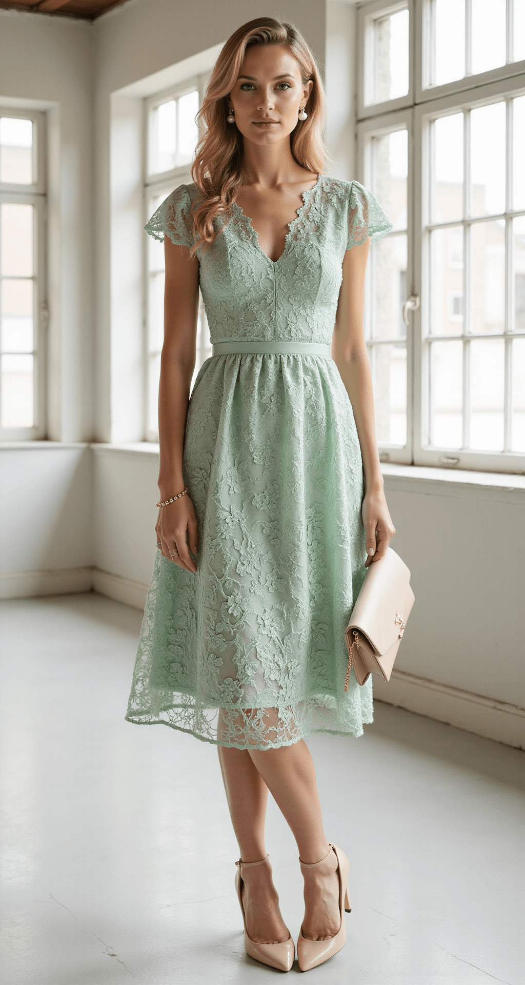 10 Stunning Green Wedding Guest Dresses (And How to Rock Them!) Model in a sage green lace midi dress with flutter sleeves, showcasing intricate floral detailing and a subtle A-line silhouette, paired with pearl drop earrings and cream-colored pointed toe heels, in a bright studio space with floor-to-ceiling windows.
