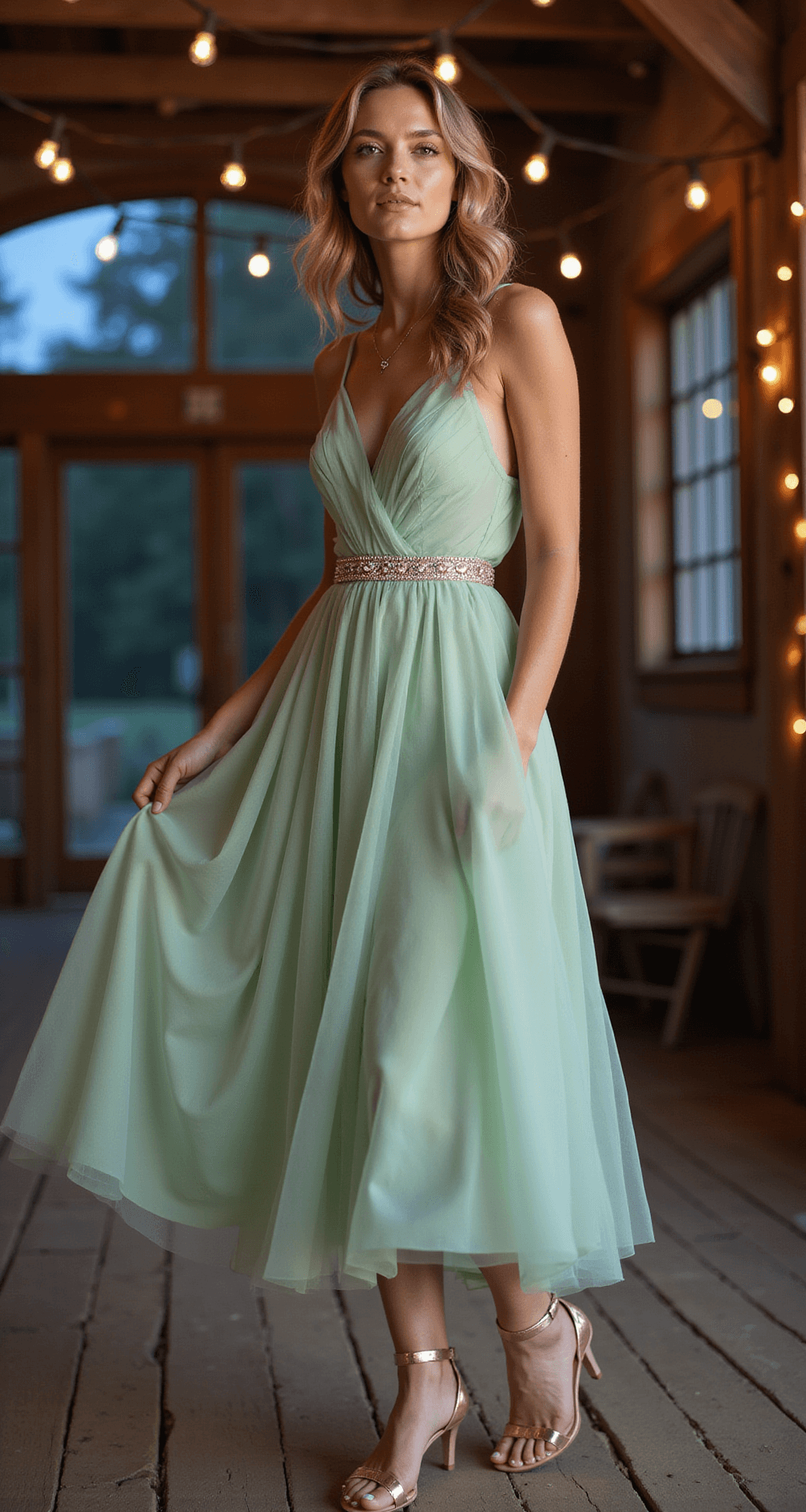 10 Stunning Green Wedding Guest Dresses (And How to Rock Them!) A model in a pistachio green tulle midi dress with beaded waist stands in a rustic barn adorned with string lights, showcasing loose curls and rose gold accessories, while soft bokeh lights create a magical atmosphere during blue hour.