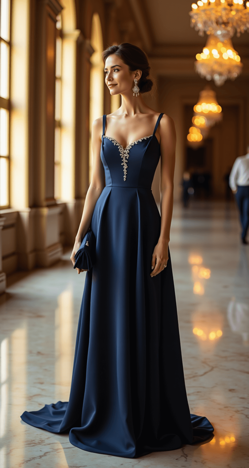A woman in a floor-length navy silk gown with subtle draping stands near floor-to-ceiling windows in a grand hotel ballroom during golden hour, with warm lighting enhancing the gown's sheen. She wears delicate diamond drop earrings and holds a matching navy satin clutch, her hair styled in a sophisticated low chignon. The scene features marble floors and crystal chandeliers. fancy wedding guest dresses