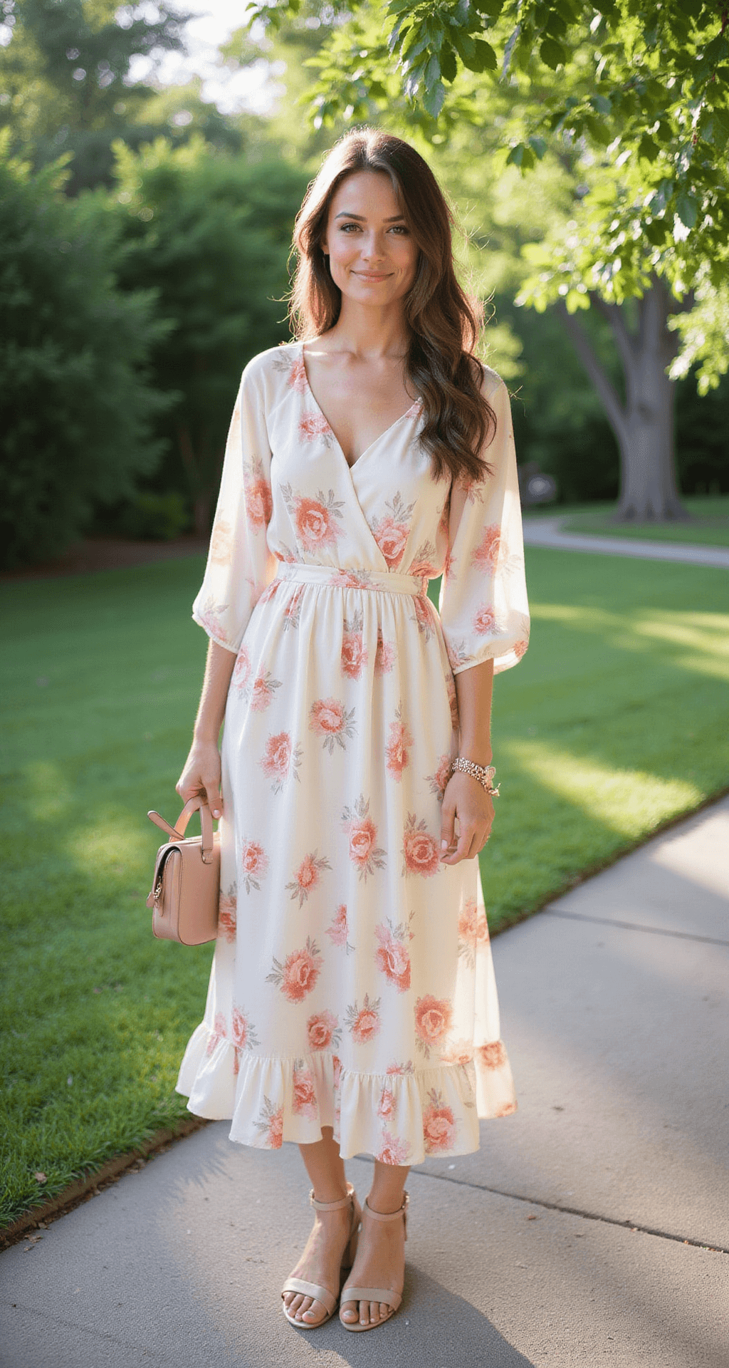 A model in a tea-length ivory chiffon dress with pink and coral floral print stands in a manicured garden during late afternoon, surrounded by dappled light filtering through tree leaves. She wears nude strappy sandals and carries a small blush leather handbag, showcasing subtle ruffle details on her dress.