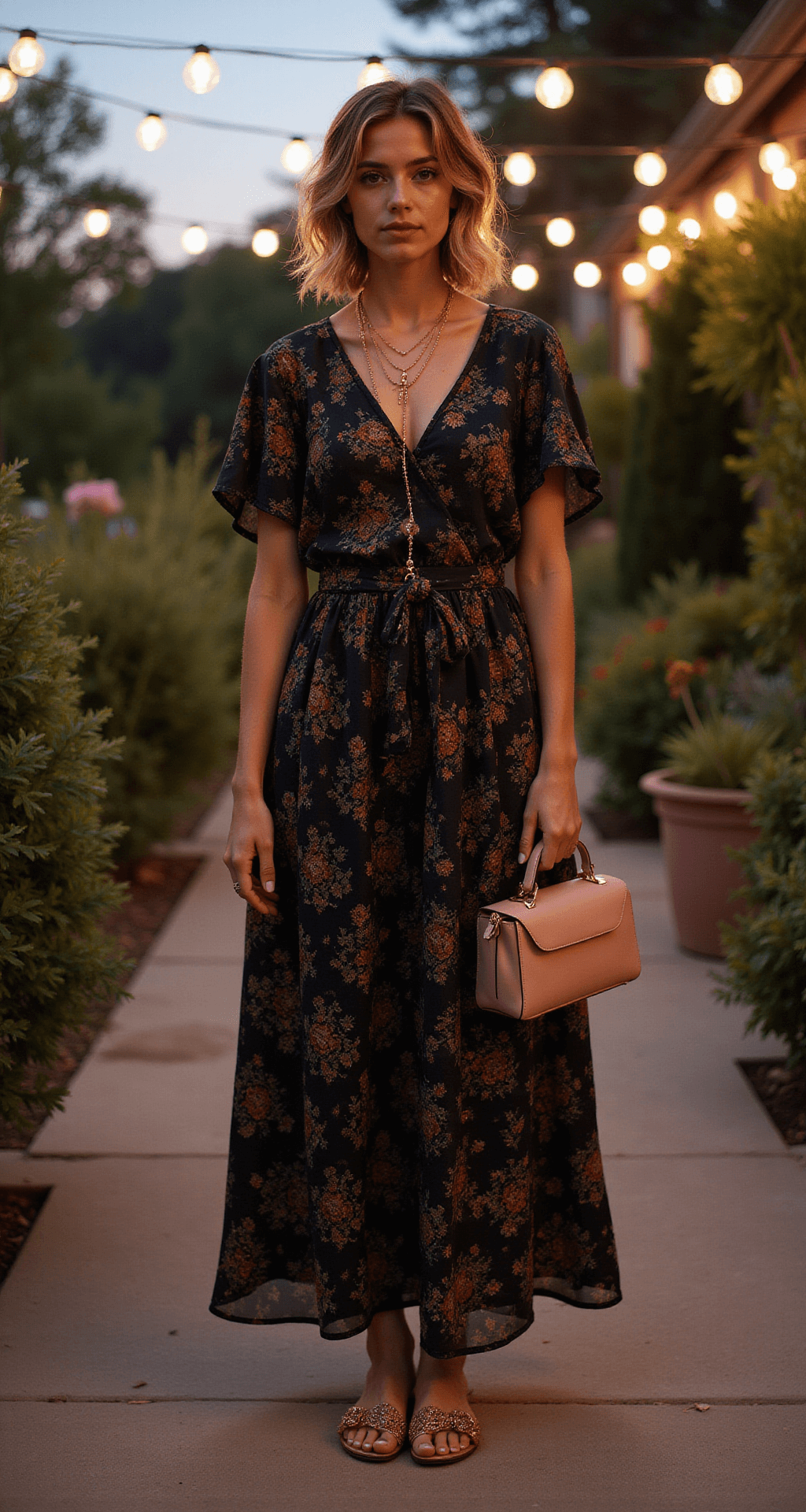 A garden terrace at dusk features string lights overhead, creating a magical ambiance. A woman wears a black floral jacquard maxi dress with flutter sleeves, styled with rose gold sandals, layered necklaces, and a small blush pink handbag. Her natural, tousled hair flows gently in the evening breeze. The wide shot captures the entire outfit amidst atmospheric lighting.