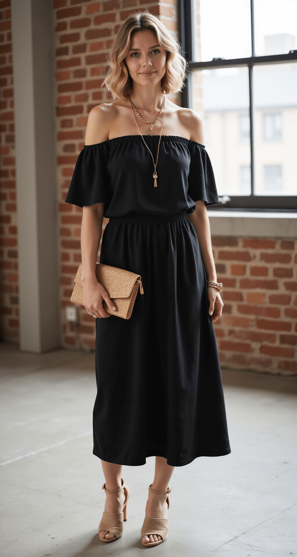 A woman in a black off-shoulder midi dress with subtle ruching stands in a contemporary loft space featuring exposed brick and natural skylight illumination, styled with neutral wedges, layered gold necklaces, and a woven clutch, capturing movement in a casual-elegant lifestyle shot.