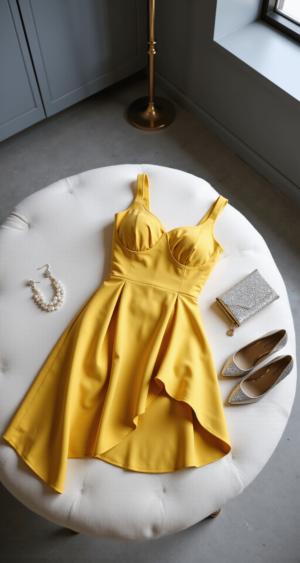 Yellow Wedding Guest Dress: Your Ultimate Style Guide & Shopping Secrets Close-up of a buttercup yellow cocktail dress with architectural pleating and asymmetric hem on a plush white ottoman, styled with pearl drop earrings, a crystal-embellished clutch, and metallic pumps, set against cool gray walls with brass accents in a modern minimalist dressing room.