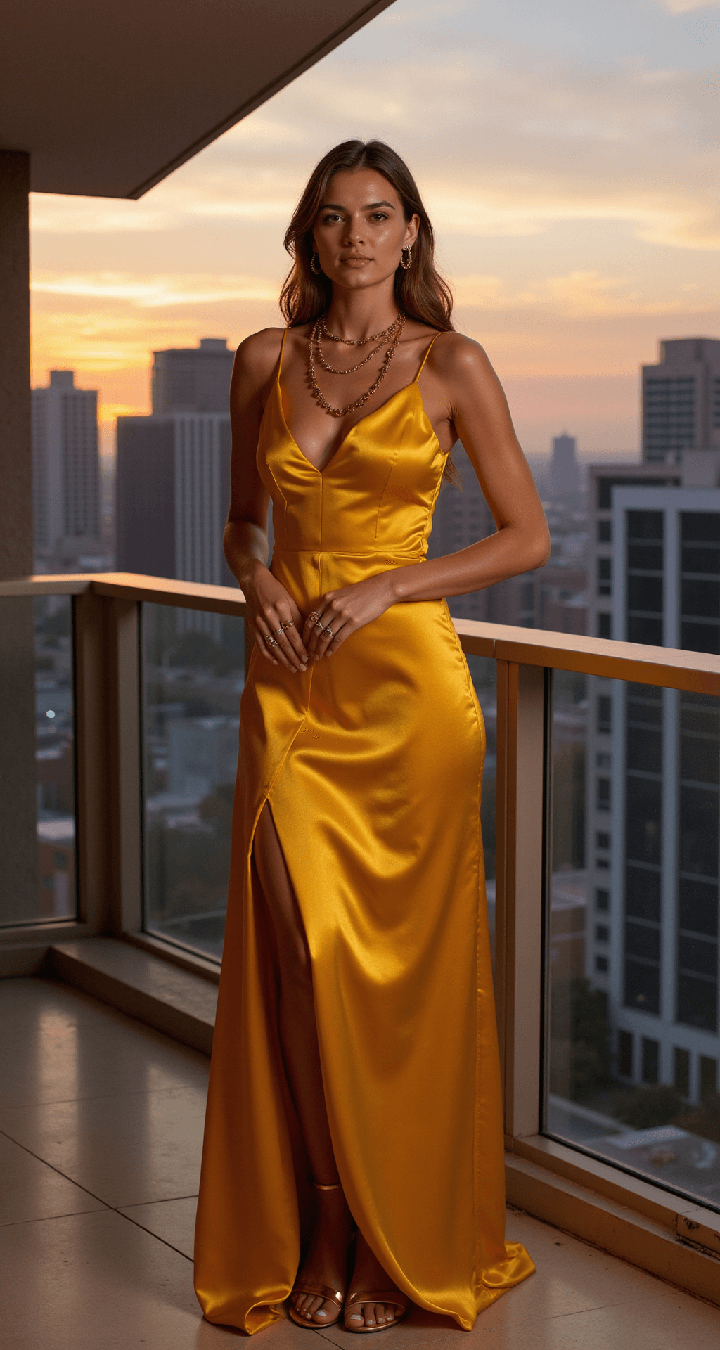 Yellow Wedding Guest Dress: Your Ultimate Style Guide & Shopping Secrets Luxurious hotel suite balcony at sunset featuring a model in a golden yellow satin gown with a side slit and cowl back, posed against a city skyline. The dress catches the evening light, complemented by delicate gold accessories and clear strap sandals, with warm urban lighting blending with the natural sunset glow.