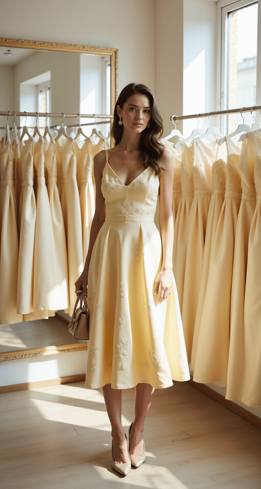 Yellow Wedding Guest Dress: Your Ultimate Style Guide & Shopping Secrets A light-filled bridal salon corner with floor-to-ceiling mirrors features a model in a pale yellow A-line midi dress with floral embossing, posing between dress racks. Natural daylight highlights the dress texture, complemented by pearl hairpins, nude pointed pumps, and a small structured handbag, all set against elegant cream and gold decor.