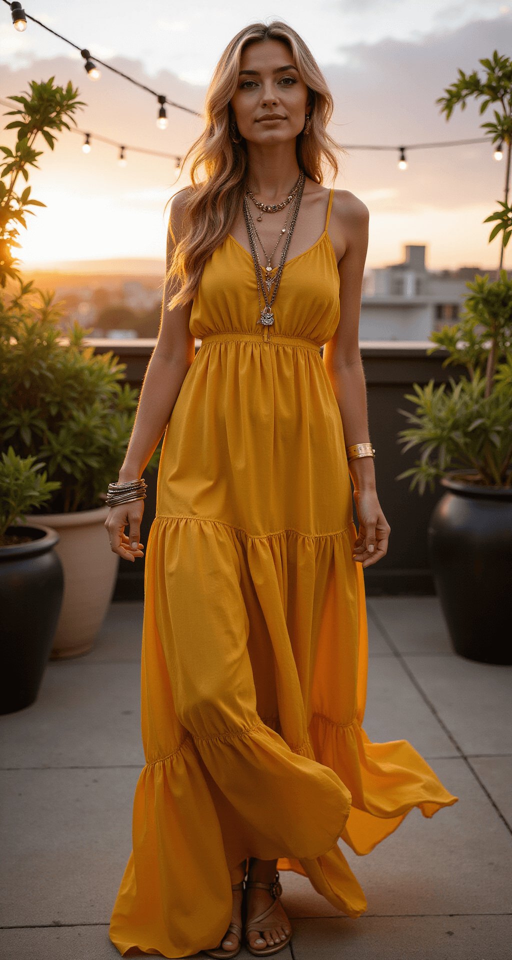 Yellow Wedding Guest Dress: Your Ultimate Style Guide & Shopping Secrets A model in a marigold yellow chiffon maxi dress with ruffled tiers poses in a rooftop garden during early evening. The dress flows gracefully in the sunset breeze, complemented by mixed metal layered necklaces and vintage-inspired bracelets. Lush greenery and string lights enhance the romantic ambiance, while golden hour lighting highlights the movement of the dress. The image is captured from various angles to showcase its flow.