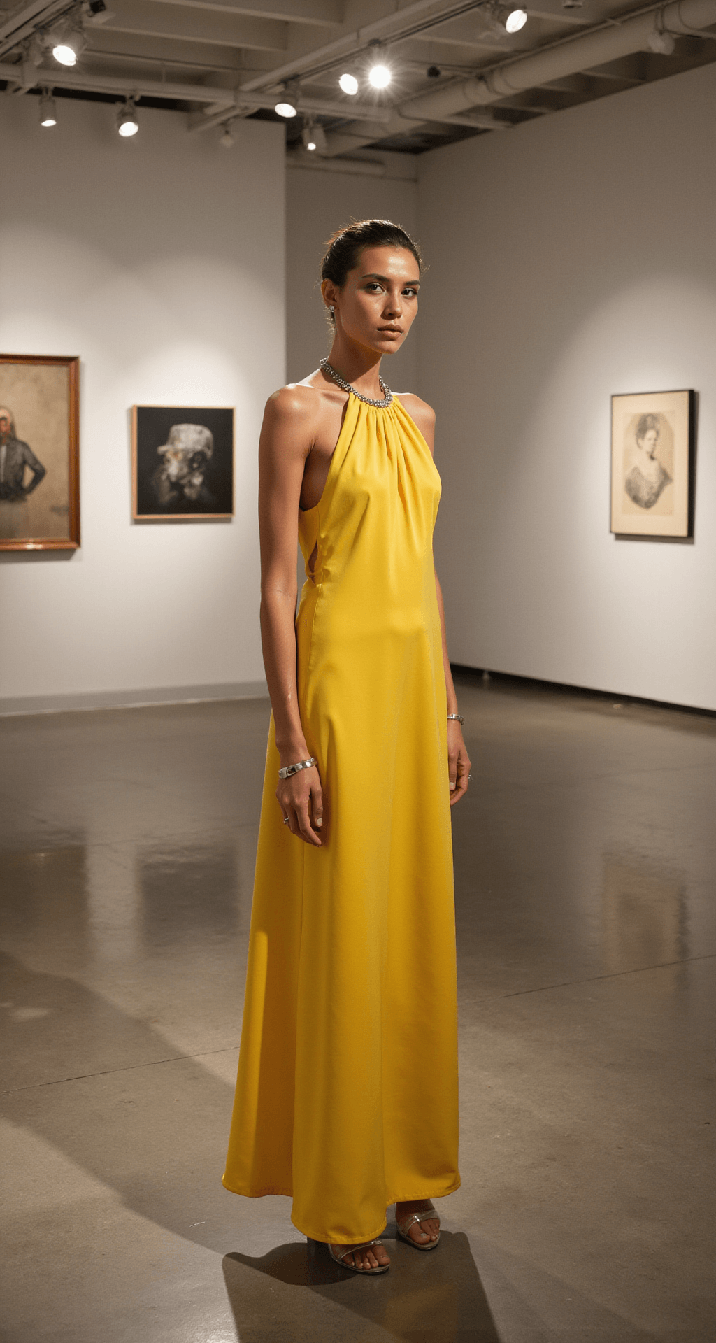Yellow Wedding Guest Dress: Your Ultimate Style Guide & Shopping Secrets A model wearing a structured canary yellow column dress with an architectural neckline poses in a contemporary art gallery, complemented by sculptural silver jewelry and transparent lucite heels. The clean lines of the dress contrast with abstract art pieces in the background, as dramatic spotlight lighting casts interesting shadows, all captured in a wide-angle shot that includes architectural elements of the space.