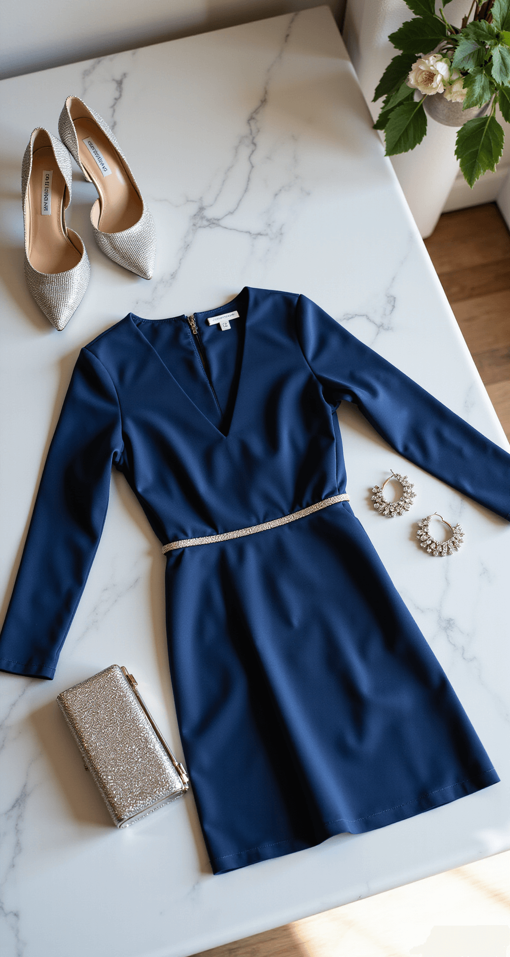 Flatlay of a navy blue long-sleeve mini dress, crystal-embellished pumps, silver statement earrings, and a metallic clutch arranged on a marble vanity, illuminated by natural light from floor-to-ceiling windows in a modern minimalist dressing room.