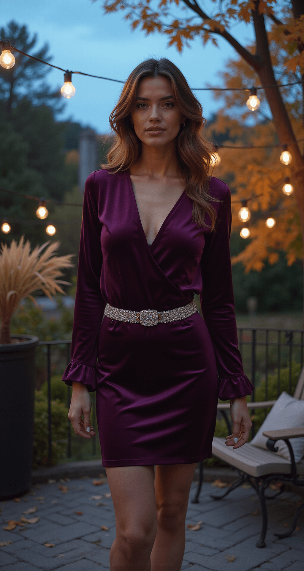 A model in a deep plum velvet mini dress with a crystal-encrusted belt poses on an autumn garden terrace, surrounded by colorful foliage and soft twinkle lights during blue hour, capturing a romantic ambiance with her hair gently blown by the wind.