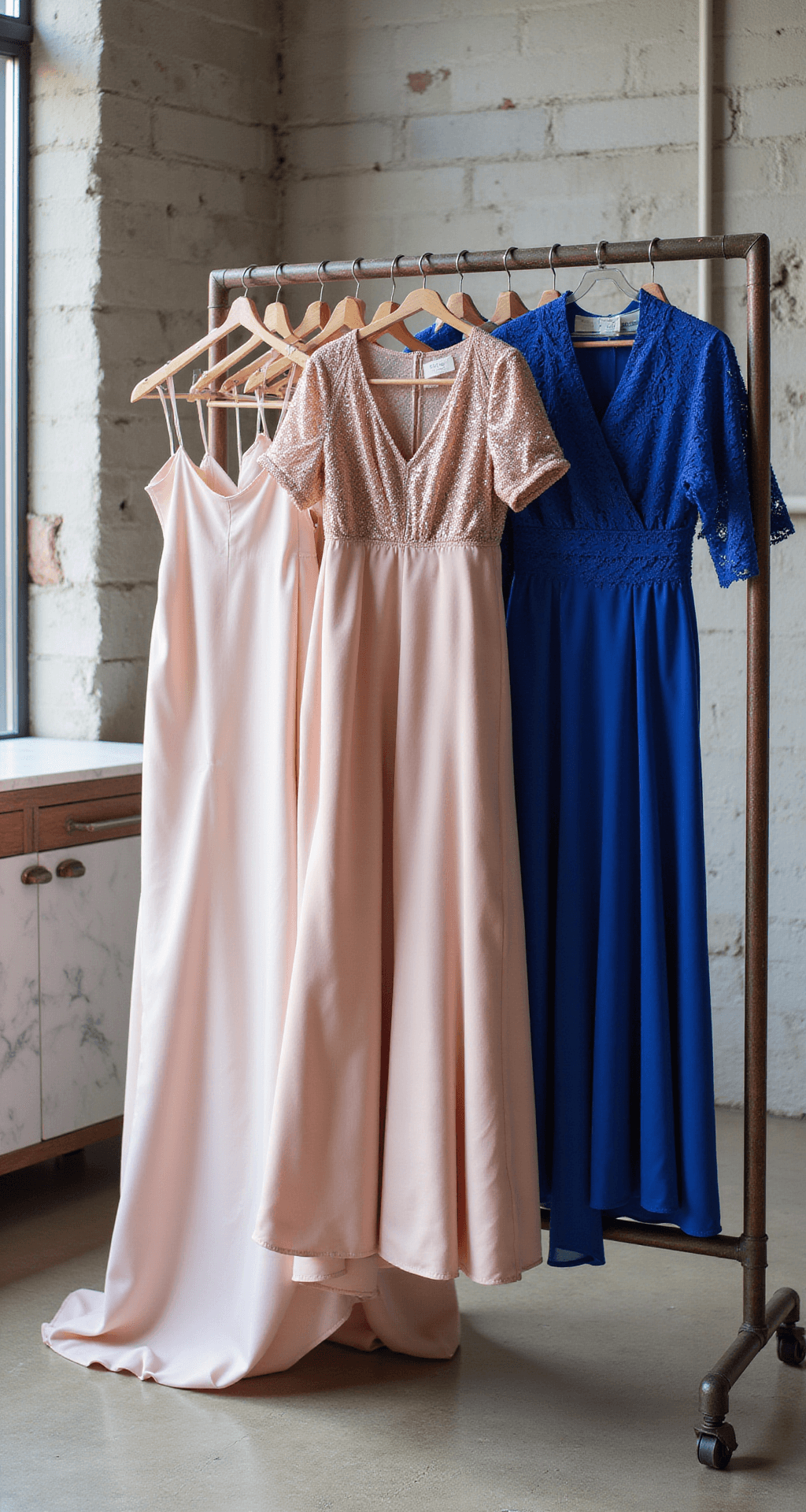 A contemporary loft styled with industrial elements features a rack of wedding guest dresses in blush pink silk and cobalt blue mini, showcasing a variety of textures like sequins, lace, crepe, and satin. Accessories are artistically arranged on a marble console, illuminated by soft morning light.