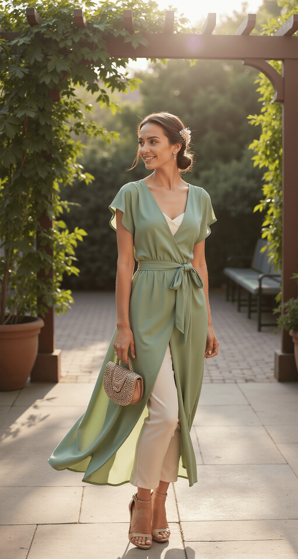 A model in a sage green silk-blend wrap dress with flutter sleeves stands in a late afternoon courtyard, showcasing an ivory slip underneath. She wears champagne-colored block heel sandals and holds a vintage-inspired beaded clutch, her hair styled in an elegant low chignon with a floral accent pin. Warm sunlight filters through a garden pergola, creating natural highlights in a wide angle shot.