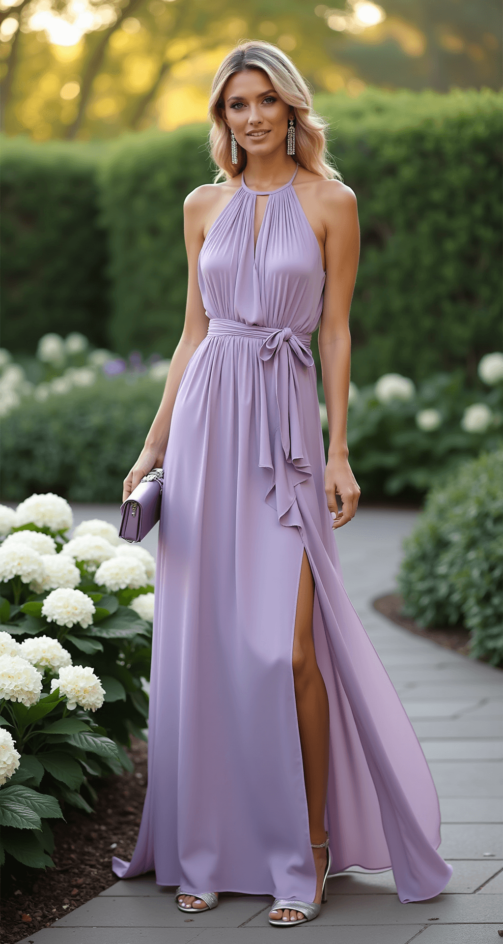 Model in a lavender chiffon maxi dress with pleating and side slit stands in an intimate garden ceremony setup, surrounded by white hydrangea bushes. She wears silver kitten heel sandals and a lilac pashmina shawl, accessorized with sparkling crystal drop earrings and a small satin clutch, captured at magic hour from a low angle to highlight the dress's movement.