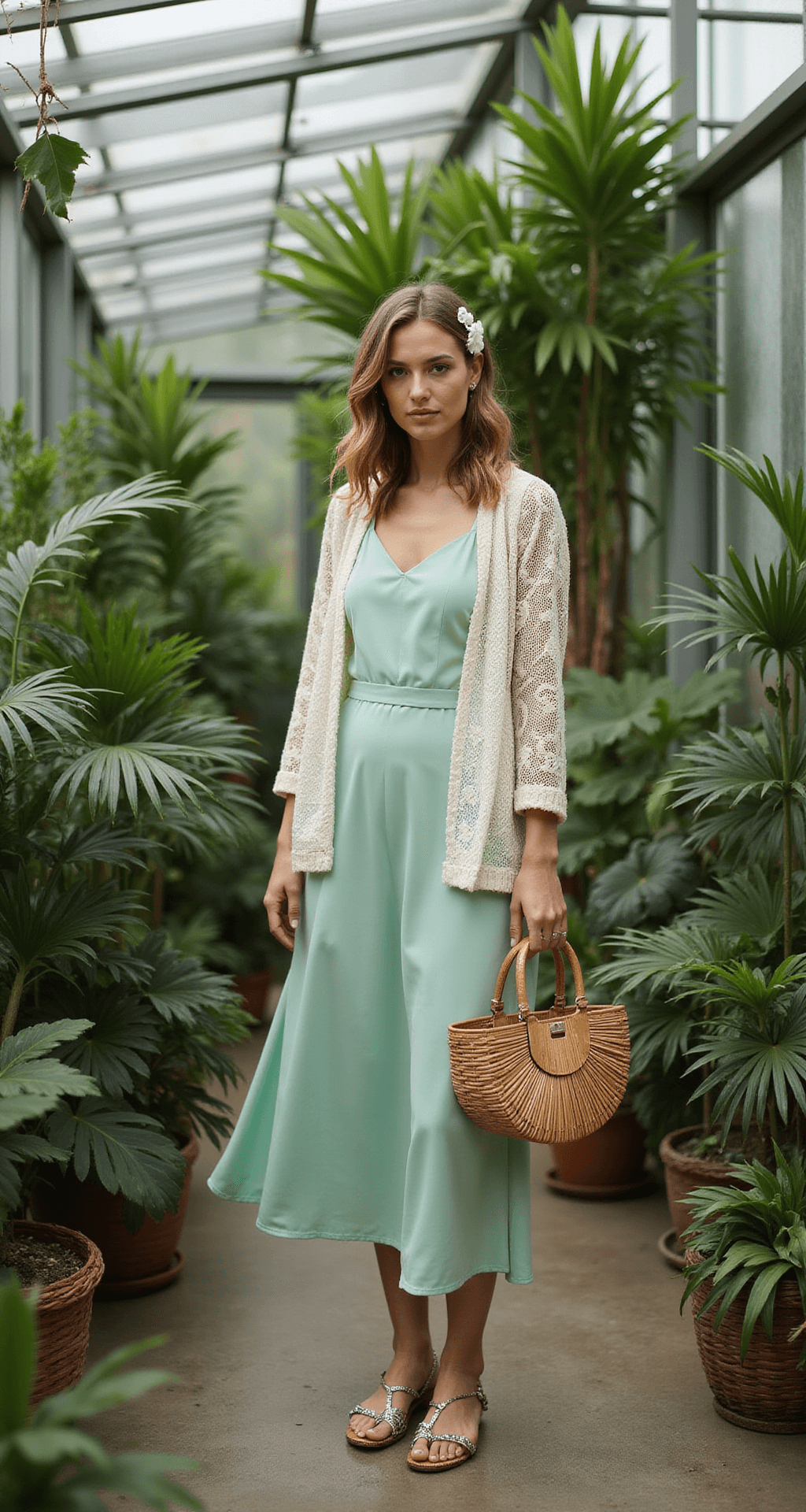 Model in a seafoam green silk slip dress and ivory lace overlay jacket stands in a greenhouse filled with tropical plants, wearing metallic flat sandals. A mother-of-pearl hair clip and structured bamboo handbag complement her outfit, while diffused natural light highlights the dress's details.
