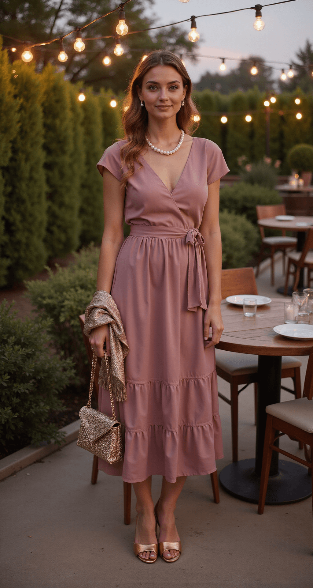 A model in a dusty rose tiered midi dress with bronze block heel sandals and a metallic shawl stands on a twilight garden terrace, accented by vintage pearl jewelry and a beaded clutch, under warm café lights that enhance the romantic ambiance.