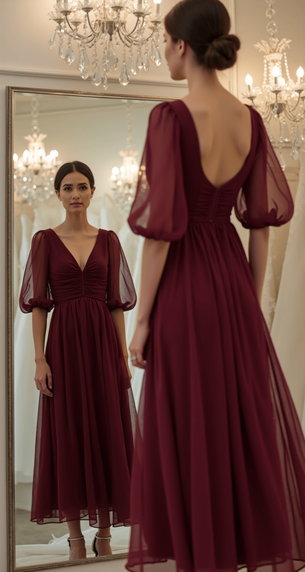 A slender woman in a burgundy chiffon midi dress with balloon sleeves examines herself in a three-panel mirror within an intimate bridal boutique, illuminated by soft diffused lighting from crystal chandeliers, with bokeh effects highlighting the elegant interior.
