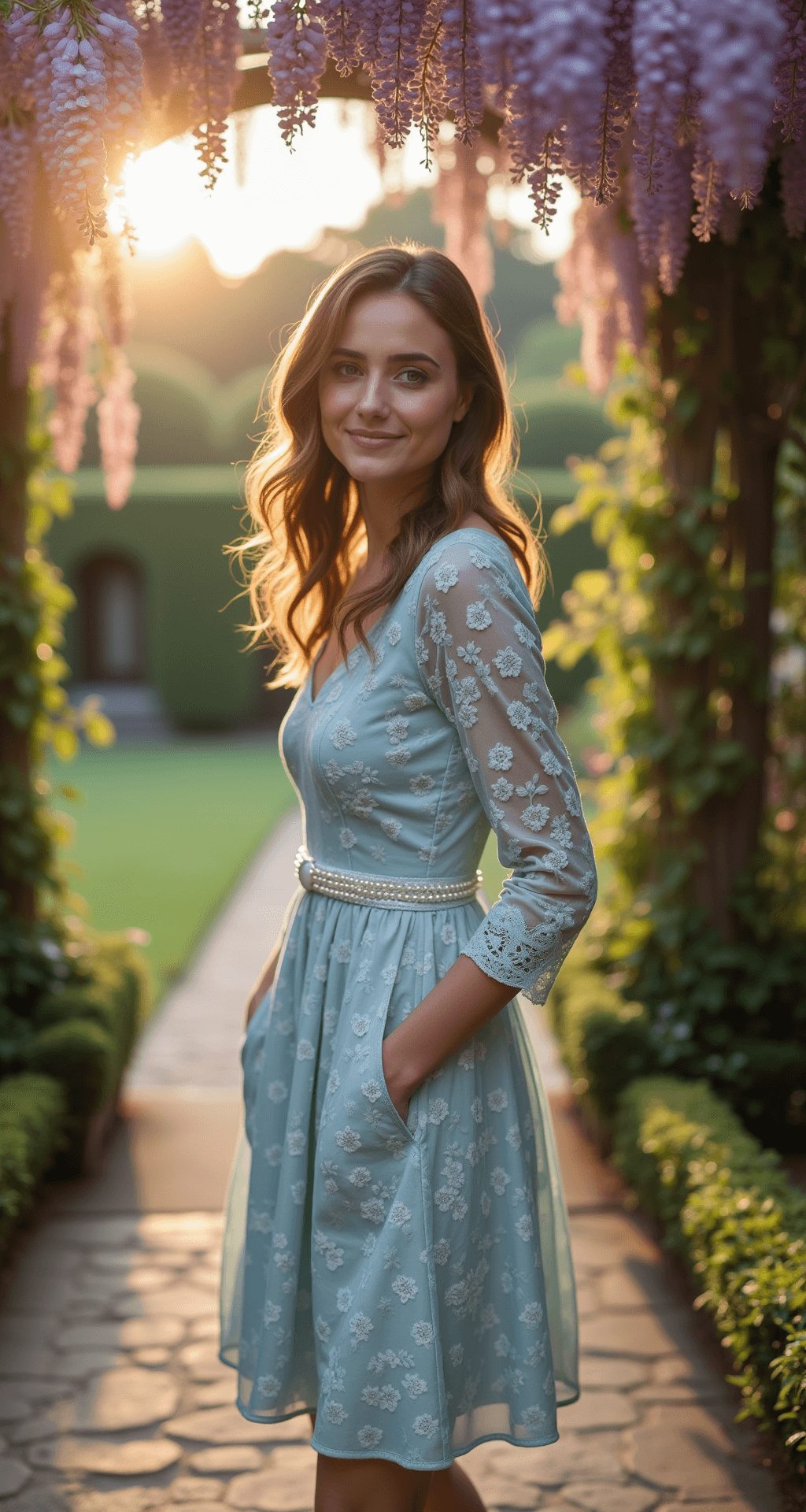A petite woman in a powder blue floral print tea-length dress with fitted long sleeves stands in a manicured garden terrace at magic hour, with wisteria blooming overhead and soft natural light creating a dreamy backlight. The dress features an A-line silhouette that sways gently in the breeze, showcasing intricate lace cuff details and a pearl-accented belt.